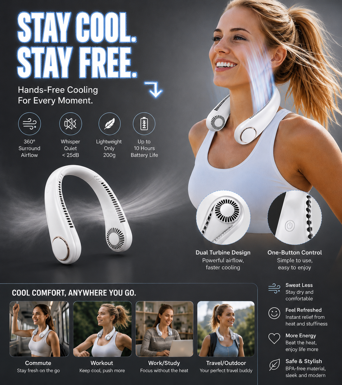 Elite Portable Bladeless Neck Fan – Hands-Free USB Rechargeable Personal Cooling Fan
