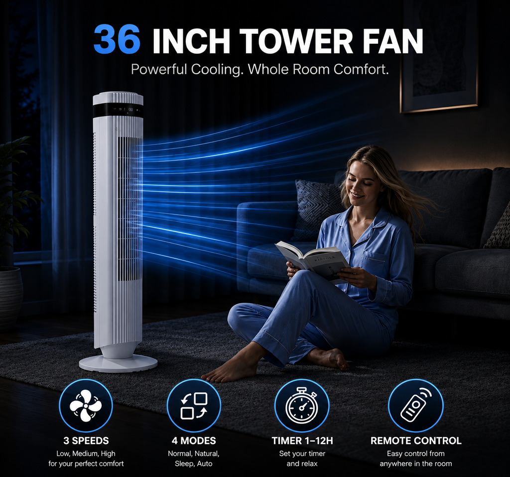 Elite 6-in-1 Bladeless Tower Fan with 70° Oscillation, Remote Control & Timer