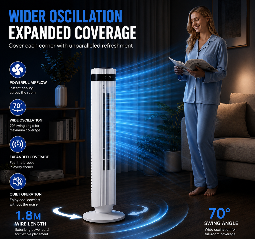 Elite 6-in-1 Bladeless Tower Fan with 70° Oscillation, Remote Control & Timer