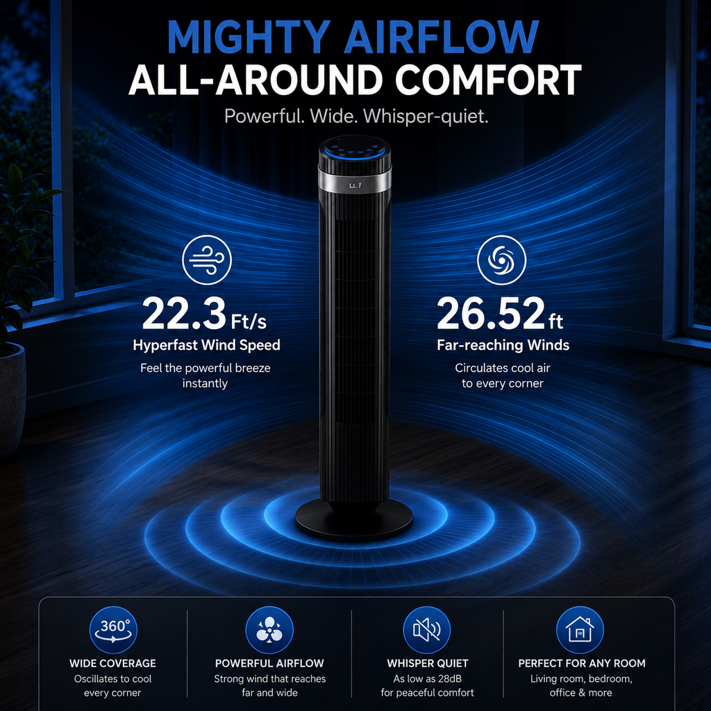 Elite 6-in-1 Bladeless Tower Fan with 70° Oscillation, Remote Control & Timer