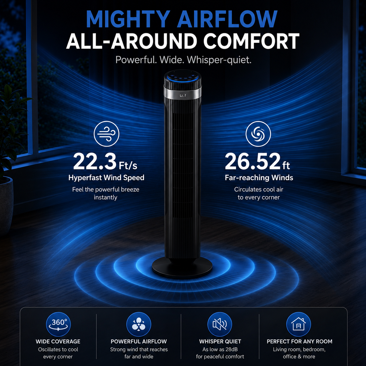 Elite 6-in-1 Bladeless Tower Fan with 70° Oscillation, Remote Control & Timer