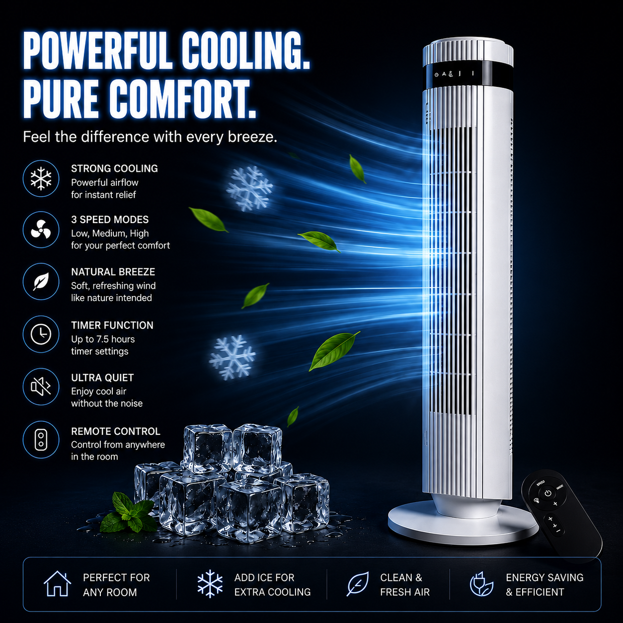 Elite 6-in-1 Bladeless Tower Fan with 70° Oscillation, Remote Control & Timer