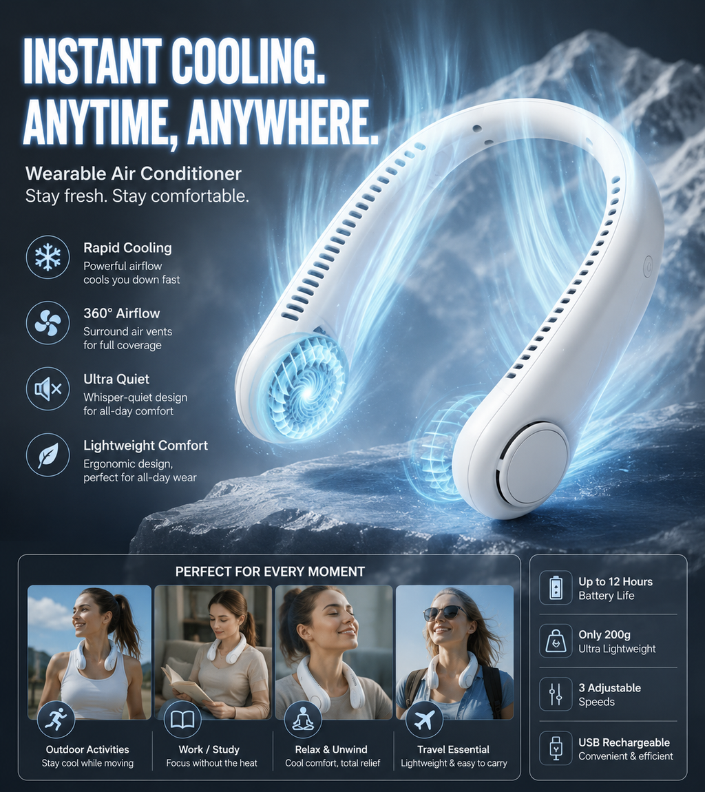 Elite Portable Bladeless Neck Fan – Hands-Free USB Rechargeable Personal Cooling Fan