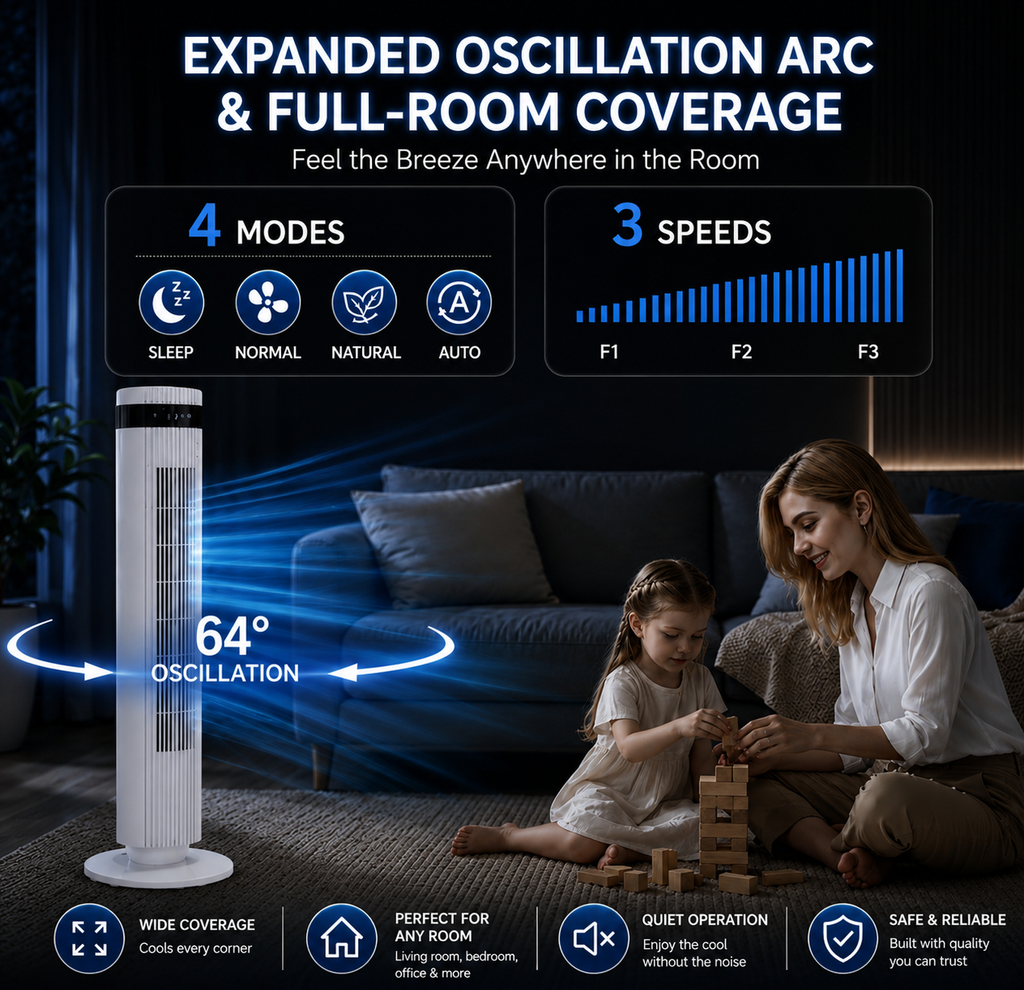 Elite 6-in-1 Bladeless Tower Fan with 70° Oscillation, Remote Control & Timer